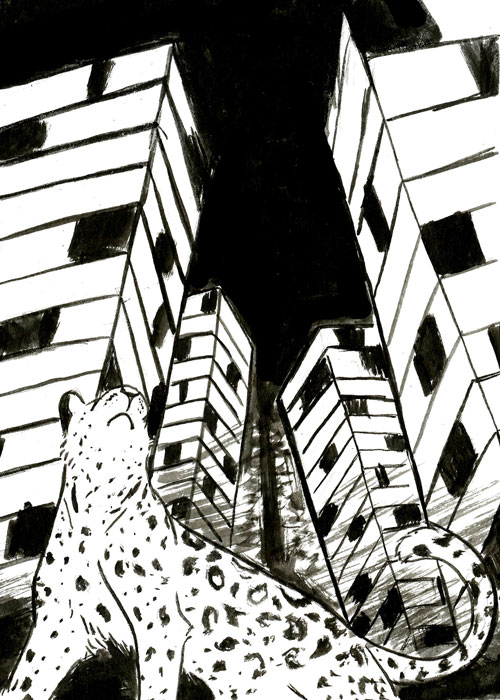 a leopard looking up at skyscrapers
