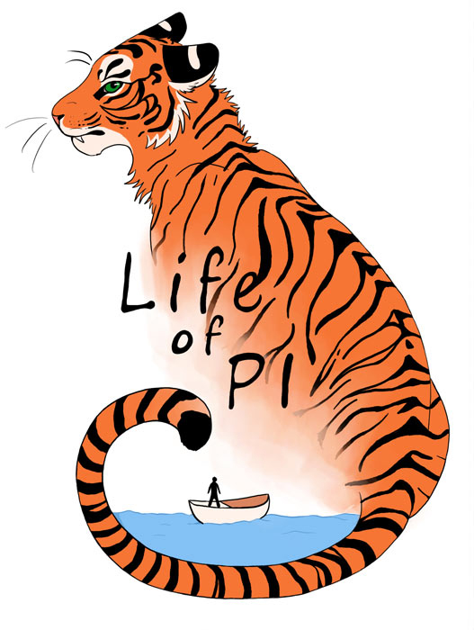 a tiger with its tail curled around water with a boat floating in it